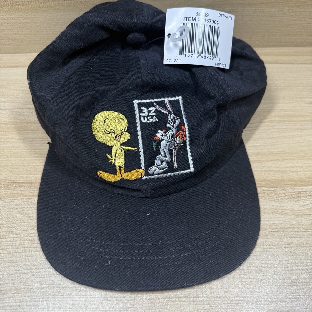 1997 Bugs Bunny And Tweety Bird Ball Cap Black Looney Tunes Stamp Hat USA